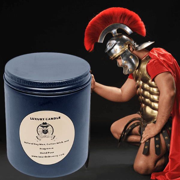 Spartan (Eucalyptus Spearmint scent) soy wax candle in black metallic glass jar with lid. The candle has a sharp, distinct herbal scent of eucalyptus is softened nicely by fresh spearmint.
