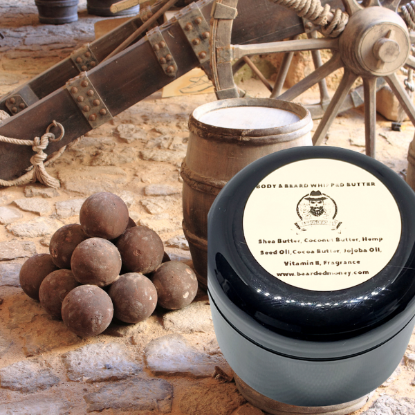 Whipped Gunpowder Beard & Body Butter. This butter has top notes of midnight air accord, vanilla essence, and sheer citron. Mid notes of black pepper, patchouli, and winter peonies balanced with base notes of gunpowder accord, black musk.