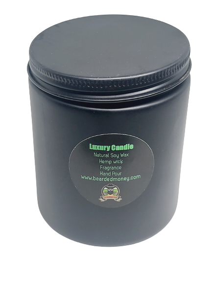 Spartan (Eucalyptus Spearmint scent) soy wax candle in black metallic glass jar with lid. The candle has a sharp, distinct herbal scent of eucalyptus is softened nicely by fresh spearmint.