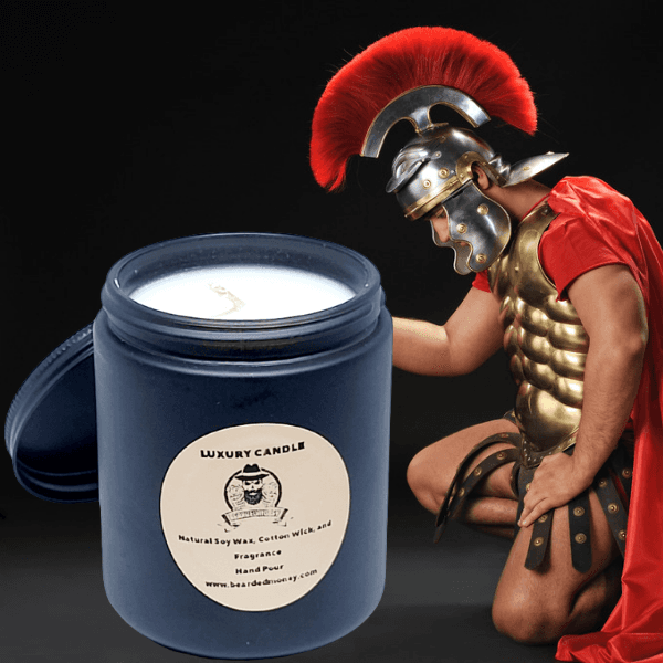 Spartan (Eucalyptus Spearmint scent) soy wax candle in black metallic glass jar with lid. The candle has a sharp, distinct herbal scent of eucalyptus is softened nicely by fresh spearmint.
