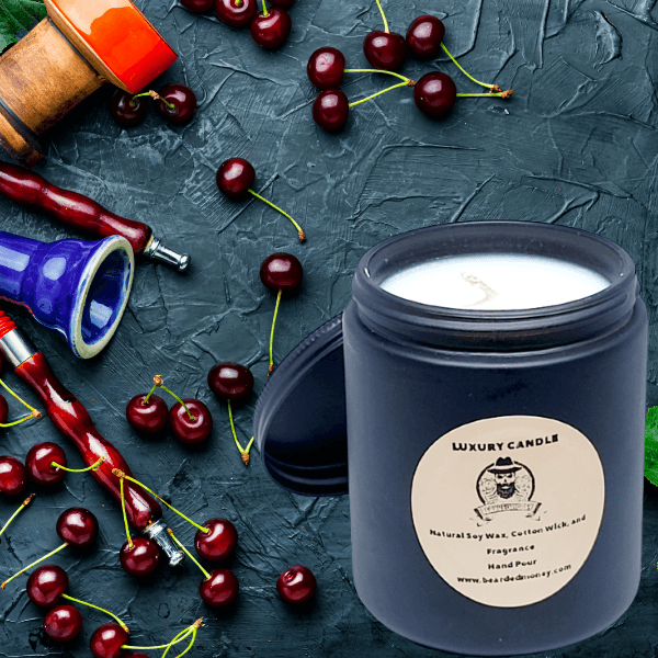 Cherry Tobacco soy wax candle in black metallic glass jar with lid. The candle has a warm, pleasant and sweet cherry tobacco type. Sure to evoke memories of Grandpa and his pipe!