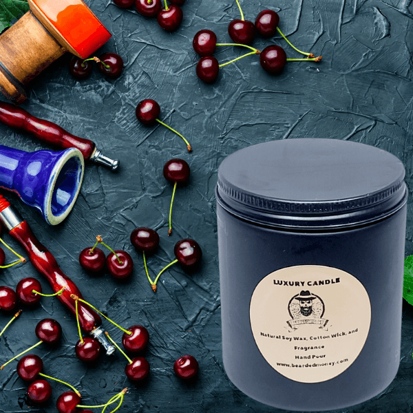 Cherry Tobacco soy wax candle in black metallic glass jar with lid. The candle has a warm, pleasant and sweet cherry tobacco type. Sure to evoke memories of Grandpa and his pipe!