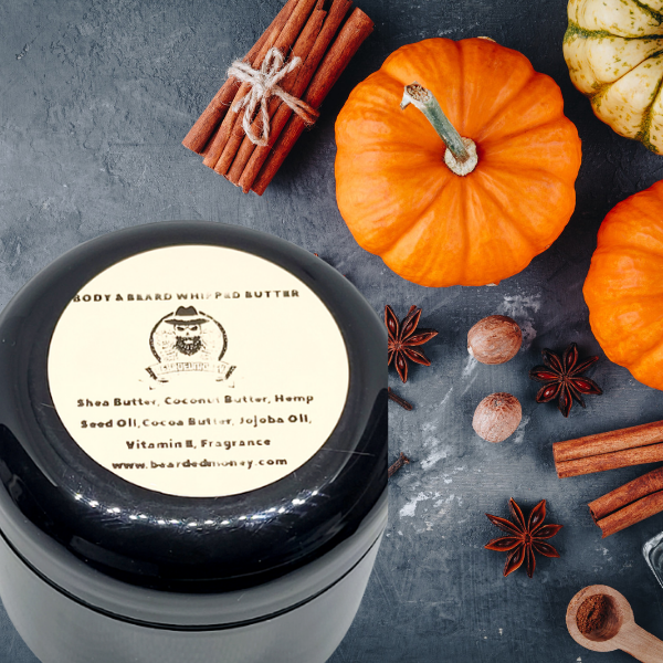Whipped Pumpkin Spice Beard & Body Butter smells pie with almond extract, lemon peel, butter cream, spicy nutmeg, cinnamon, clove and maple. A smooth sweet vanilla cream base.