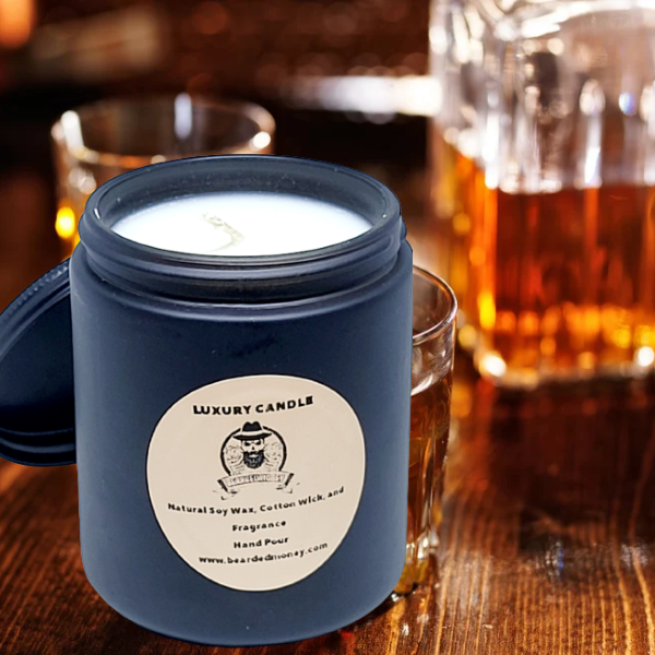 Devil's Cut (Kentucky Bourbon) soy wax candle in black metallic glass jar with lid. This candle smells fruity, woody, vanilla with musky like background.