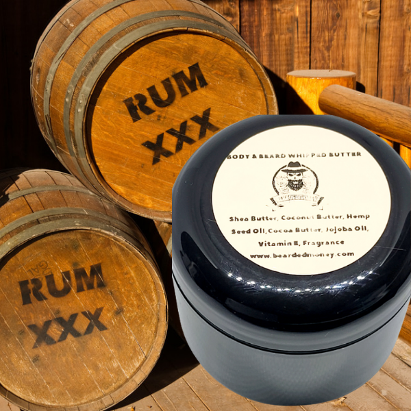 Whipped Bay Rum Beard & Body Butter. Masculine and timeless, this warm and exotic scent is made up of jasmine, rum, citrus and sparks of hearty spice.