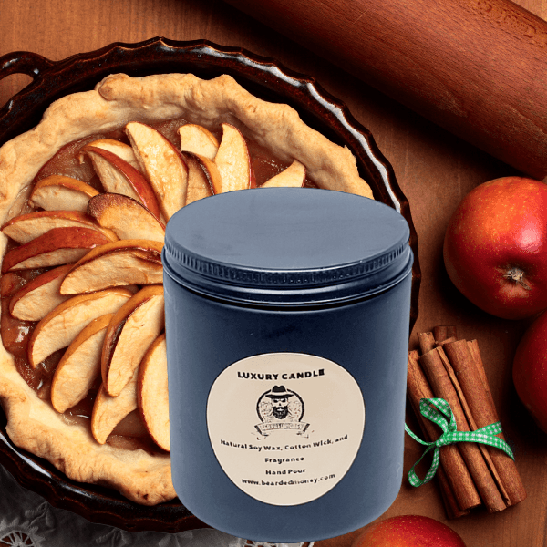 Baked Apple Pie soy wax candle in a black metallic glass jar with a lid. smells like Baked Apple Pie in winter morning! This candle has a scent of a baked apple pie with light undertones of spice