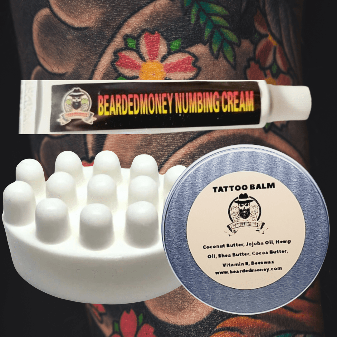 Healing Kit, meticulously handcrafted in Houston, Texas. This kit brings together our nature-inspired Natural Tattoo Balm enriched with vital Vitamin E, and our acclaimed BeardedMoney Numbing Cream, and natural Goat Milk Soap with vitamin E.