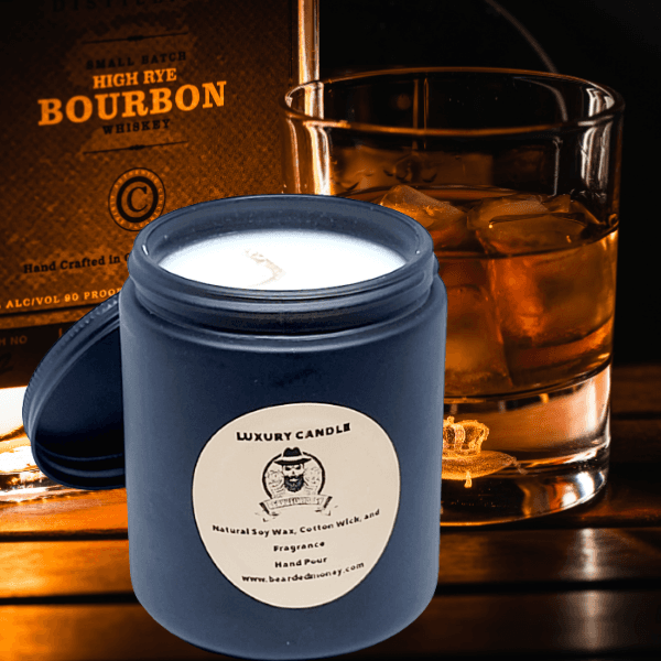 Devil's Cut (Kentucky Bourbon) soy wax candle in in a black tin smell fruity, woody, vanilla with musky like background.