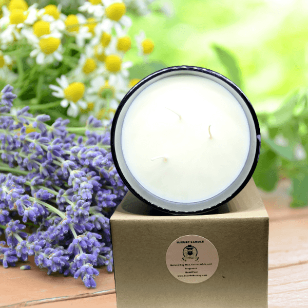 Lavender & Chamomile large 3 wicks soy Candle in luxury black metallic tumbler has a very soothing lavender scent perfectly balanced by the subtle herbal smell of chamomile