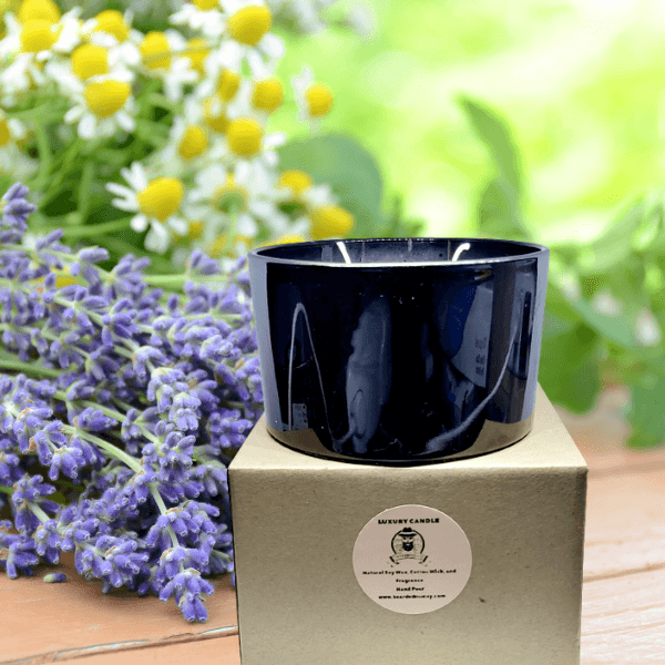 Lavender & Chamomile large 3 wicks soy Candle in luxury black metallic tumbler has a very soothing lavender scent perfectly balanced by the subtle herbal smell of chamomile