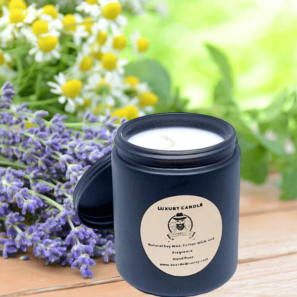 Lavender & Chamomile soy wax candle in a black metallic glass jar with a lid. The candle has a very soothing lavender scent perfectly balanced