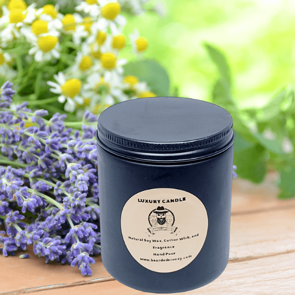 Lavender & Chamomile soy wax candle in a black metallic glass jar with a lid. The candle has a very soothing lavender scent perfectly balanced