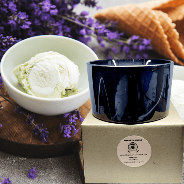 Lavender Vanilla large 3 wicks soy candles in luxury black metallic tumbler has a combination of soft lavender and creamy vanilla. Natural Sox Wax Candle 14.5 Oz and hand pour in Houston, TX.