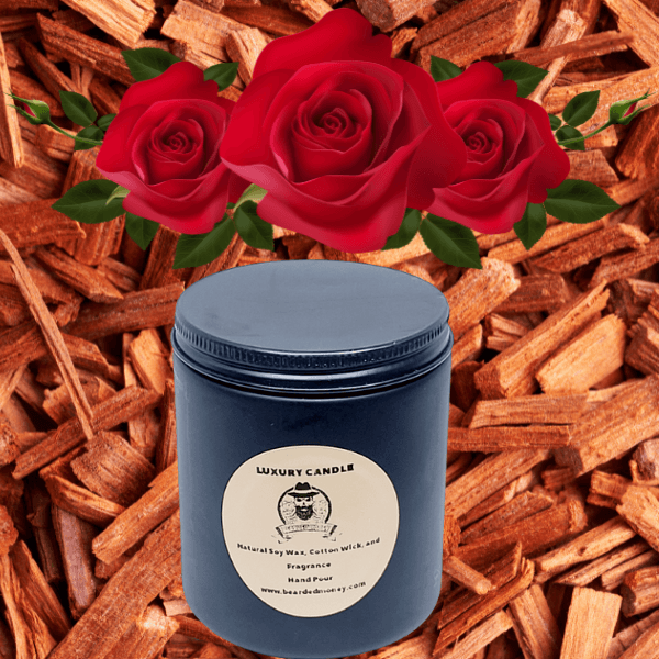 Love & Thunder (Sandalwood and Red Rose) soy wax candle in  a black metallic glass jar with a lid has the combination of lush jasmine and velvety rose works wonderfully with the warm, woody sandalwood base. A scent that made for a man but loved by women.