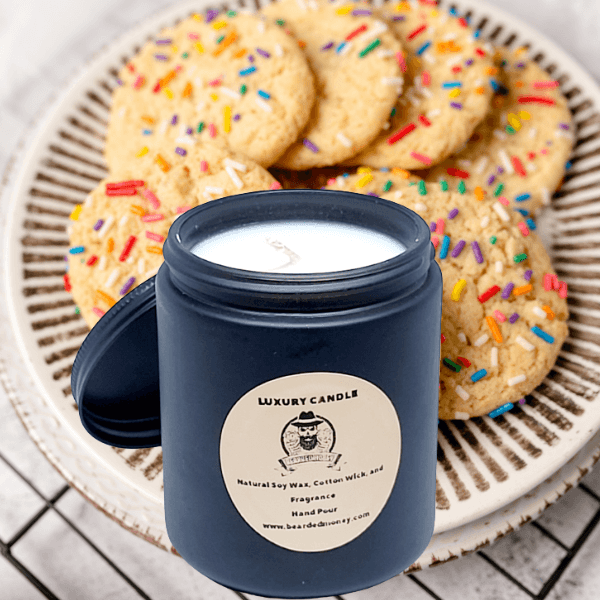 Sugar Cookie soy wax candle in  a black metallic glass jar with a lid. The candle smells like a sweet sugar cookie baked on a winter morning