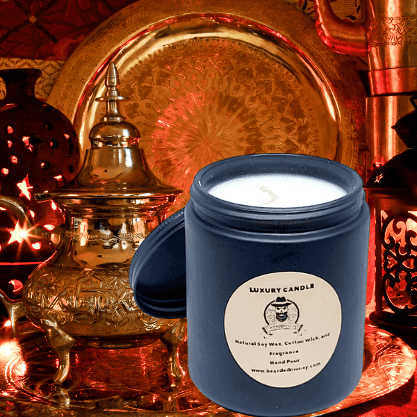 Arabian Night (Cedar Orange) soy wax candle in black metallic glass jar with lid. The candle has a fresh note of excitement, citrusy orange burst through the base notes of intense cedarwood. This powerfully fresh scent.