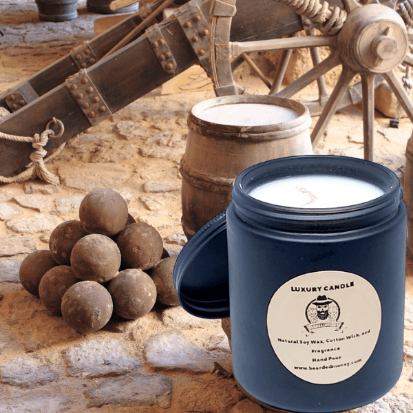 Gunpowder Soy wax candle in a black metallic glass jar with a lid. The candle has top notes of midnight air accord, vanilla essence, and sheer citron. Mid notes of black pepper, patchouli, and winter peonies balanced with base notes of gunpowder