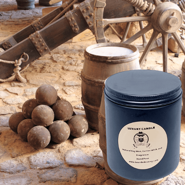 Black Powdered  Soy wax candle in a black metallic glass jar with a lid. The candle has top notes of midnight air accord, vanilla essence, and sheer citron. Mid notes of black pepper, patchouli, and winter peonies balanced with base notes of gunpowder