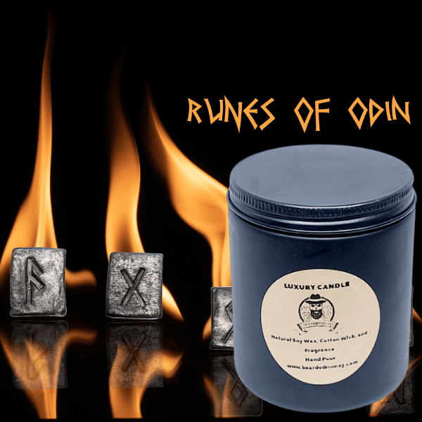 Odin soy wax candle in black metallic glass jar with lid. The candle has scent of crossing streams and climbing over fallen trees, the tall giants left standing block out the sun. T