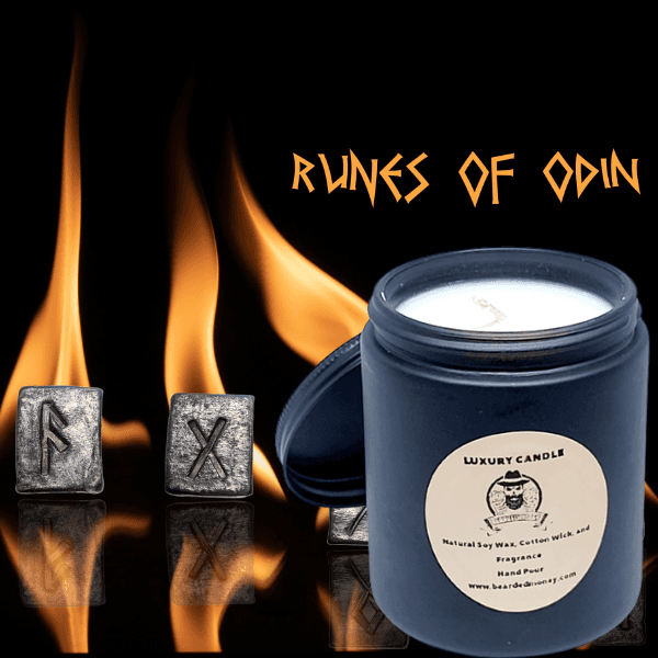 Odin soy wax candle in black metallic glass jar with lid. The candle has scent of crossing streams and climbing over fallen trees, the tall giants left standing block out the sun. T
