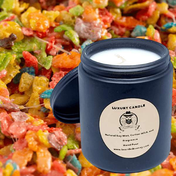Saturday Morning (Fruity Pebbles) soy wax candle in black metallic glass jar with lid. The candle smells like Fruity Pebbles.