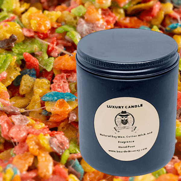 Saturday Morning (Fruity Pebbles) soy wax candle in black metallic glass jar with lid. The candle smells like Fruity Pebbles.