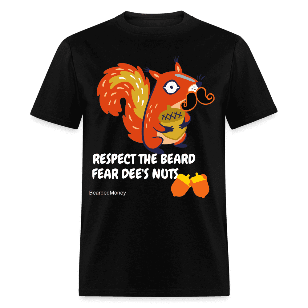 a black t - shirt with an orange squirrel saying respect the beard